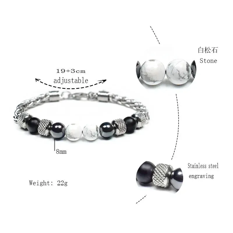 Elviragirl Natural Stone Beaded Bracelet For Women Men Stainless Steel Tiger Eye Bracelets Male Jewelry Size Adjustable