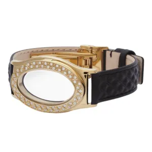 Embossed Black Leather Stainless Steel Gold Tone PVD Finish Oval Locket Bracelet with White Topaz stones