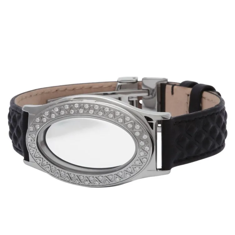 Embossed Black Leather Stainless Steel Oval Locket Bracelet with White Topaz stones