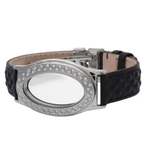 Embossed Black Leather Stainless Steel Oval Locket Bracelet with White Topaz stones