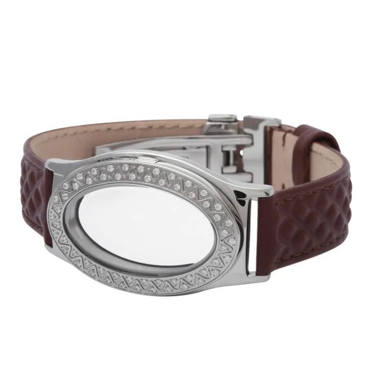 Embossed Brown Leather Stainless Steel Oval Locket Bracelet with White Topaz Stones