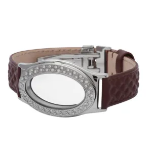 Embossed Brown Leather Stainless Steel Oval Locket Bracelet with White Topaz Stones
