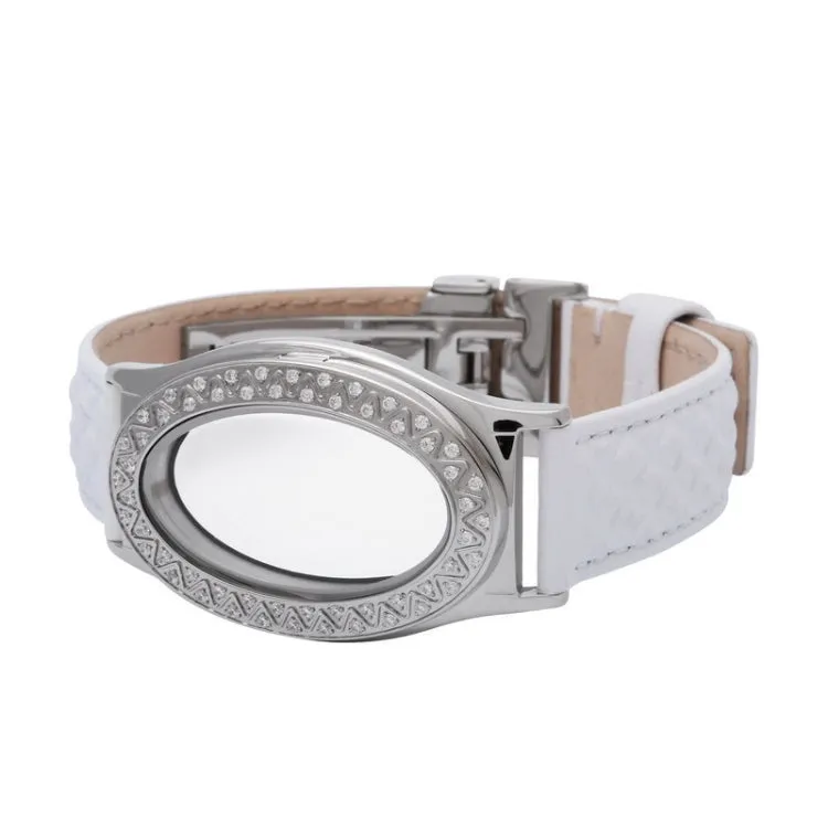 Embossed White Leather Stainless Steel Oval Locket Bracelet with White Topaz Stones