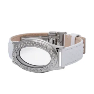 Embossed White Leather Stainless Steel Oval Locket Bracelet with White Topaz Stones