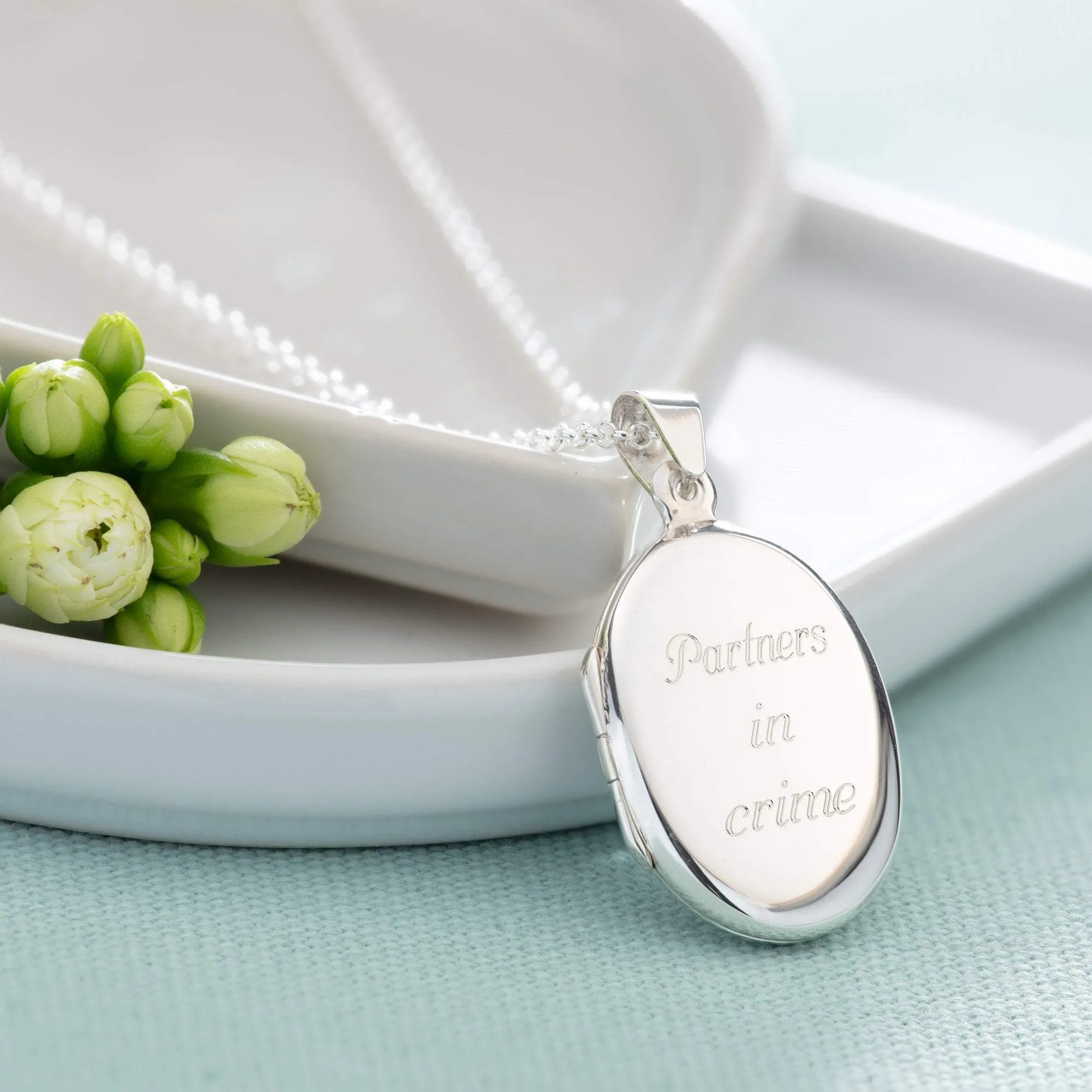 Engraved Silver Oval Locket Necklace