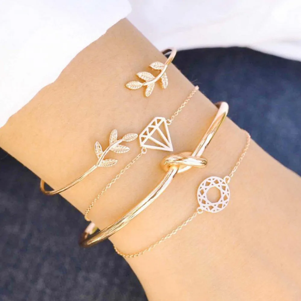 European And American Trend Cross-border Jewelry Leaf Love Triangle LOVE Bracelet Circle Bracelet Set