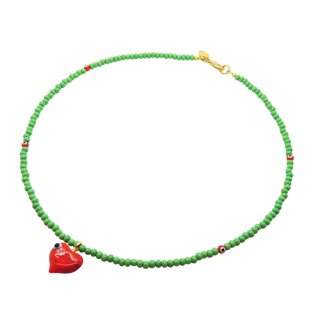Evil Eye Bubble Heart Charm Glass Bead Necklace