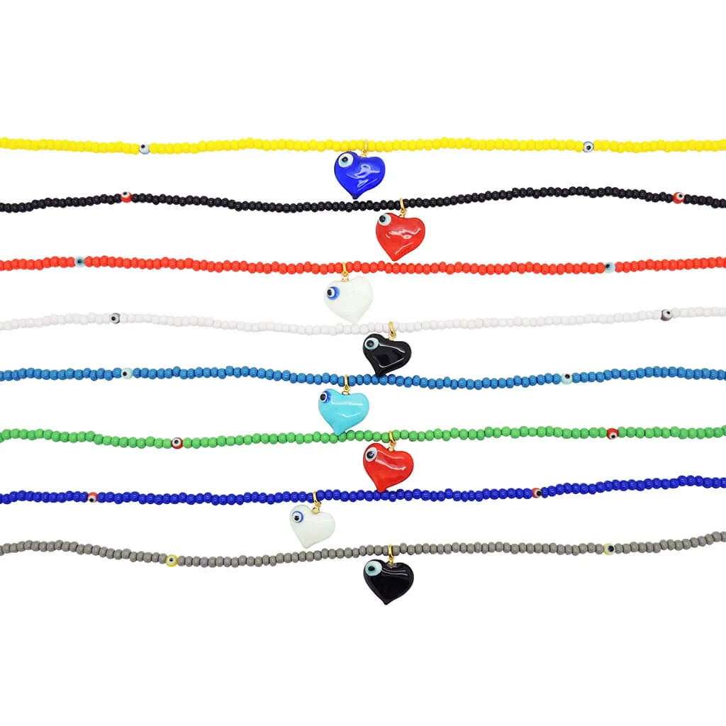 Evil Eye Bubble Heart Charm Glass Bead Necklace