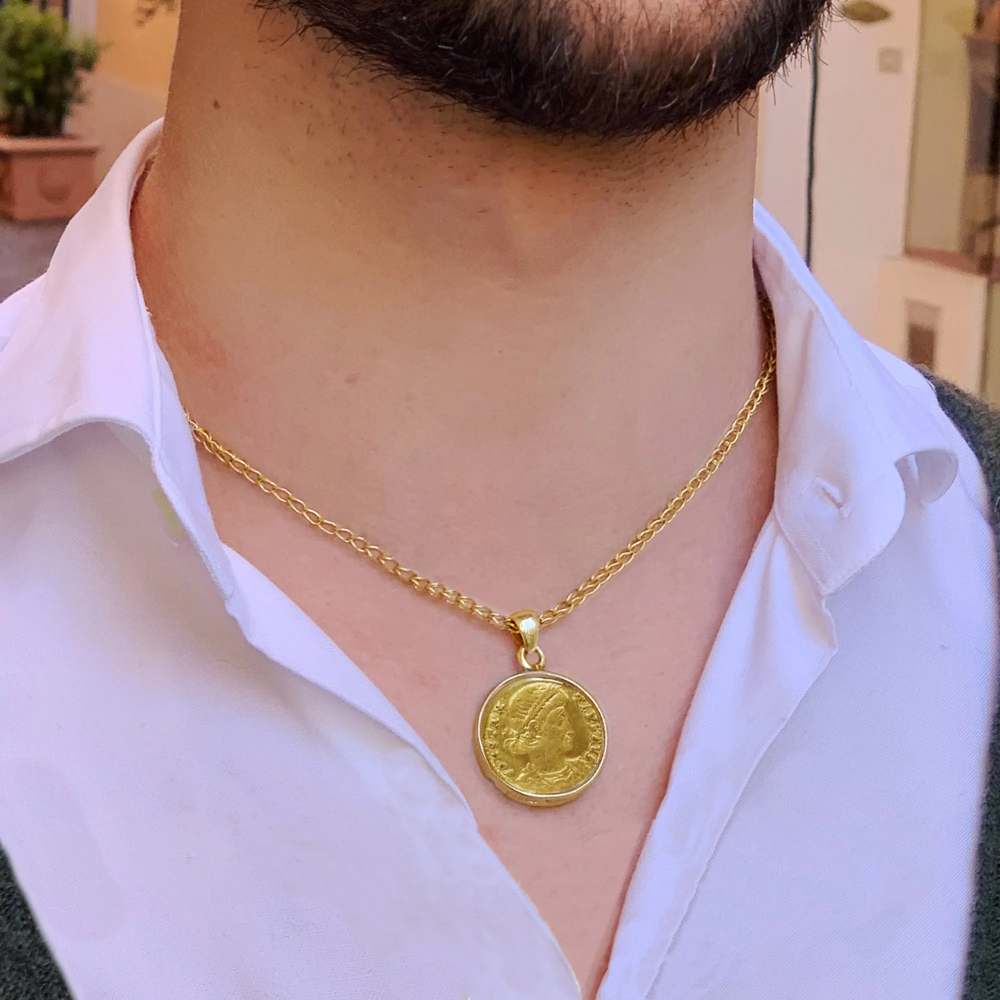Genuine Ancient Roman 24 Kt Gold Coin - 4th Century AD -18 Kt Gold Pendant depicting Emperor Constantius II