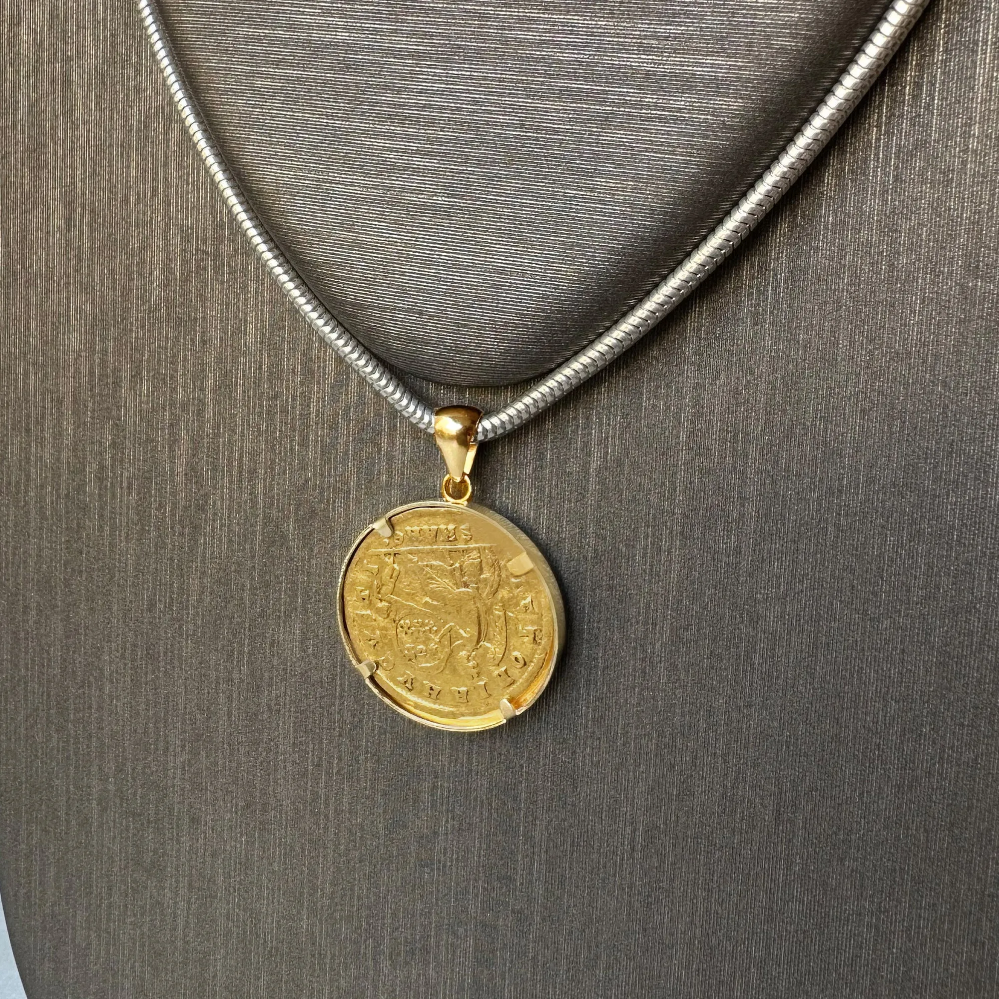 Genuine Ancient Roman 24 Kt Gold Coin - 4th Century AD -18 Kt Gold Pendant depicting Emperor Constantius II