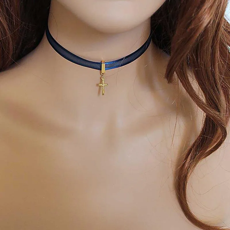 Gold Cross Blue Dainty Thin Choker Necklace