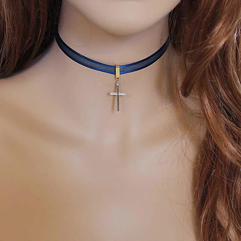 Gold Cross Blue Dainty Thin Choker Necklace