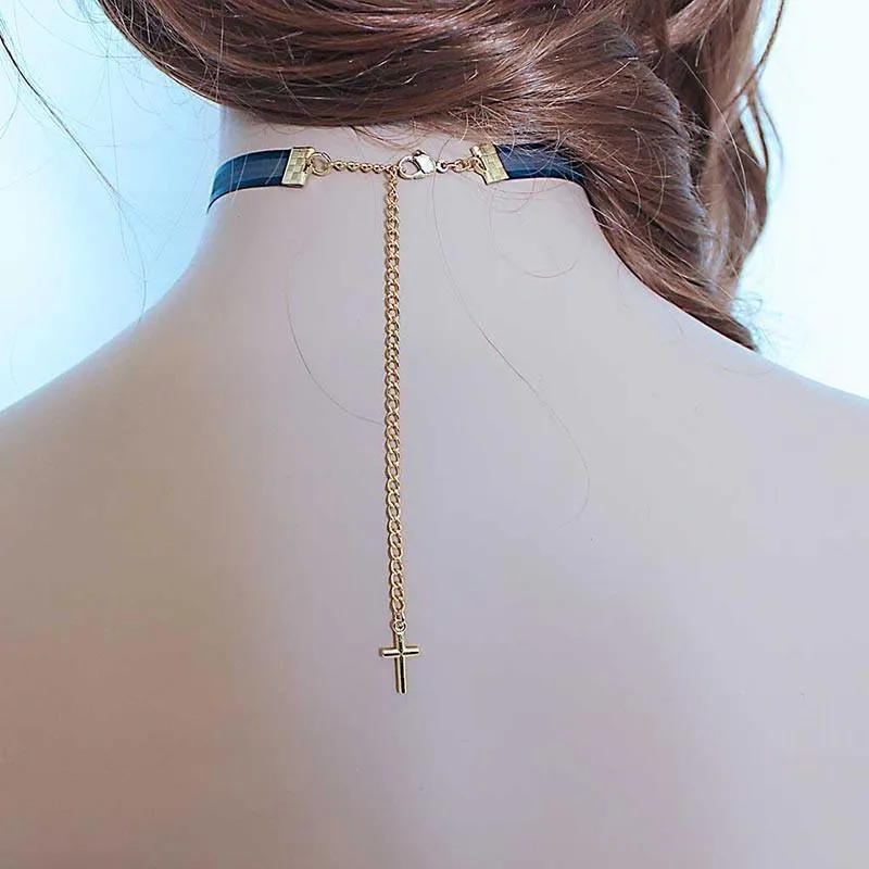 Gold Cross Blue Dainty Thin Choker Necklace