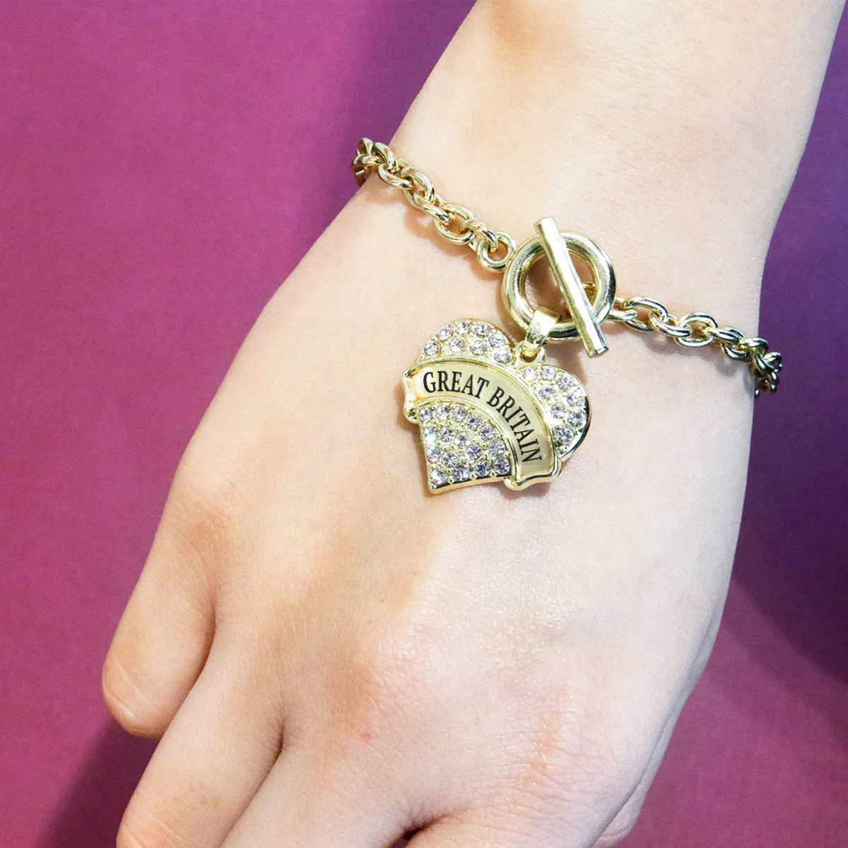 Gold Great Britain Pave Heart Charm Toggle Bracelet