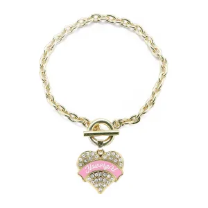 Gold Light Pink Flower Girl Pave Heart Charm Toggle Bracelet