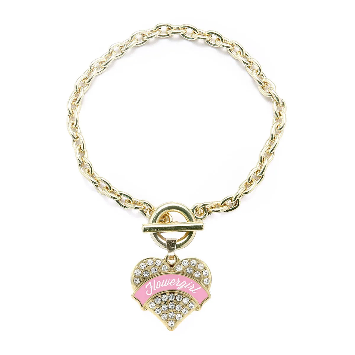 Gold Light Pink Flower Girl Pave Heart Charm Toggle Bracelet