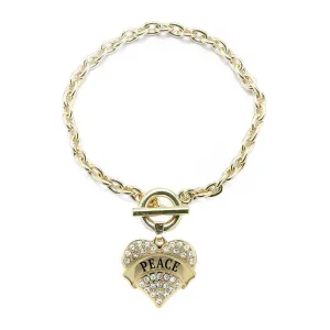 Gold Peace Pave Heart Charm Toggle Bracelet