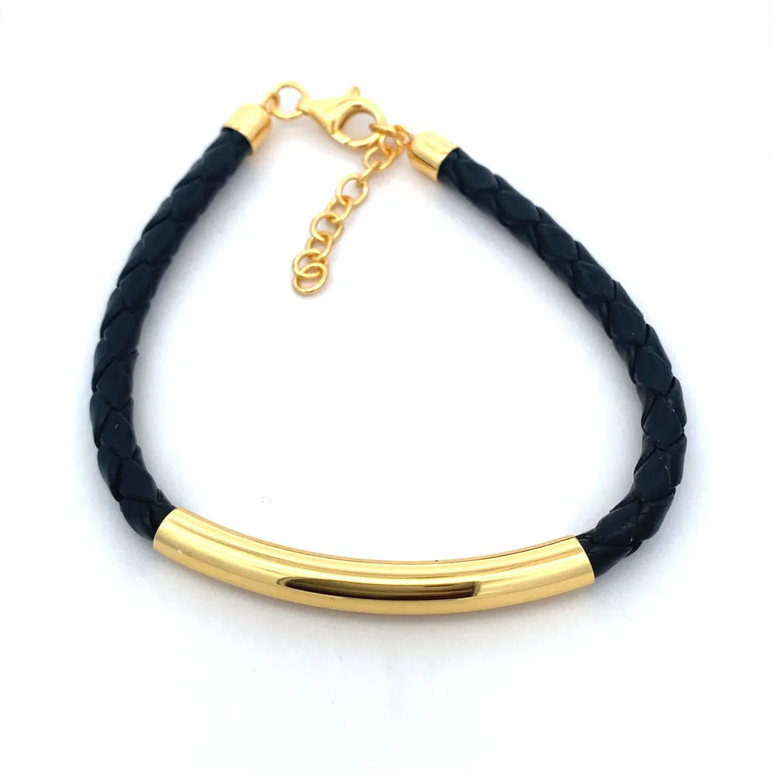 Gold Plated Bar in Black Leather Bracelet