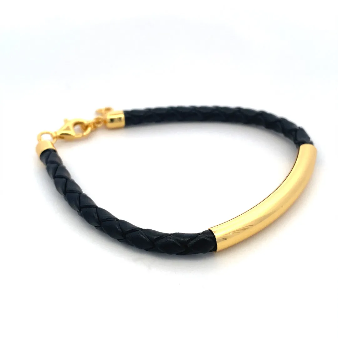 Gold Plated Bar in Black Leather Bracelet