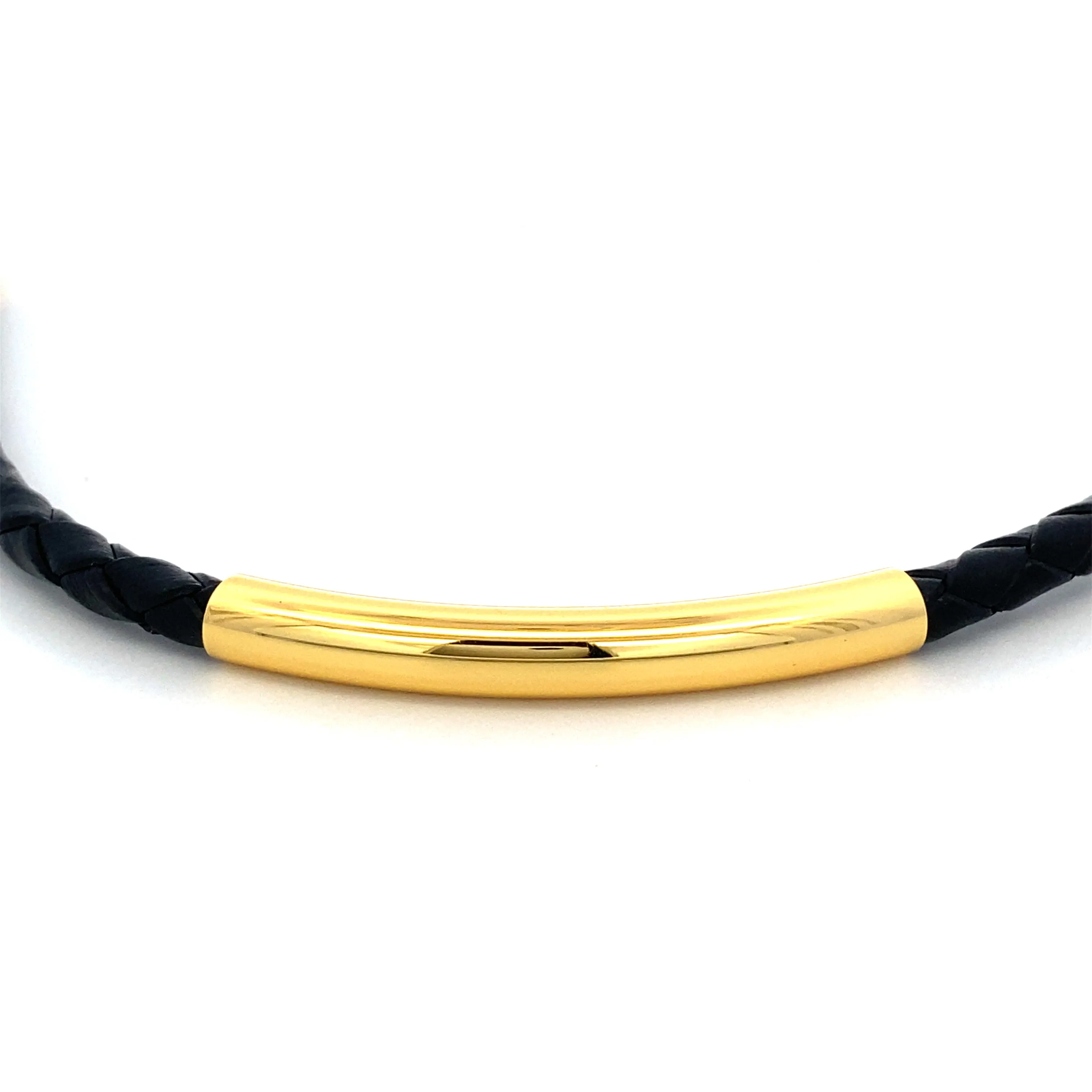 Gold Plated Bar in Black Leather Bracelet