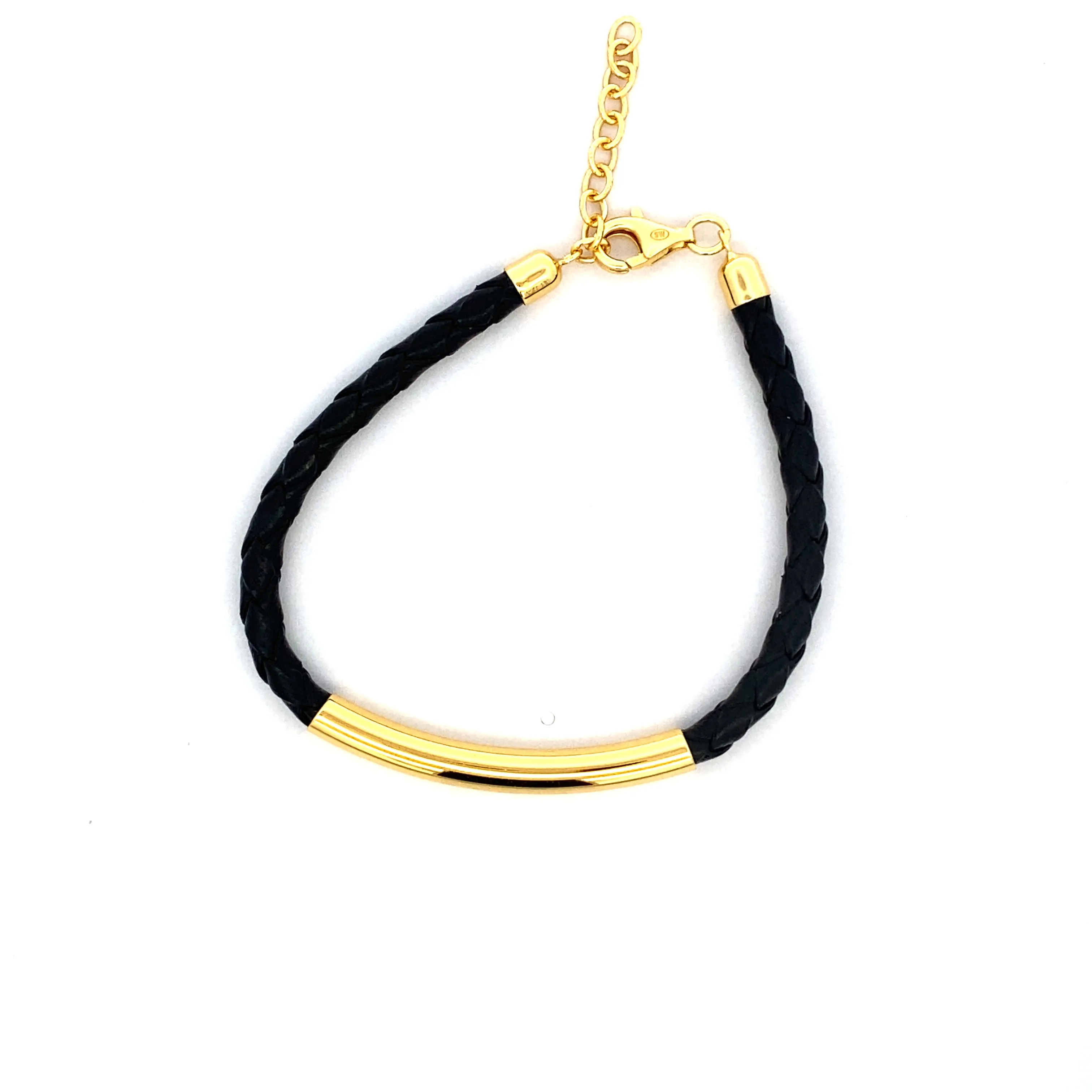 Gold Plated Bar in Black Leather Bracelet