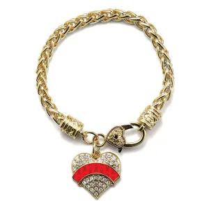 Gold Red Ribbon Support Pave Heart Charm Braided Bracelet