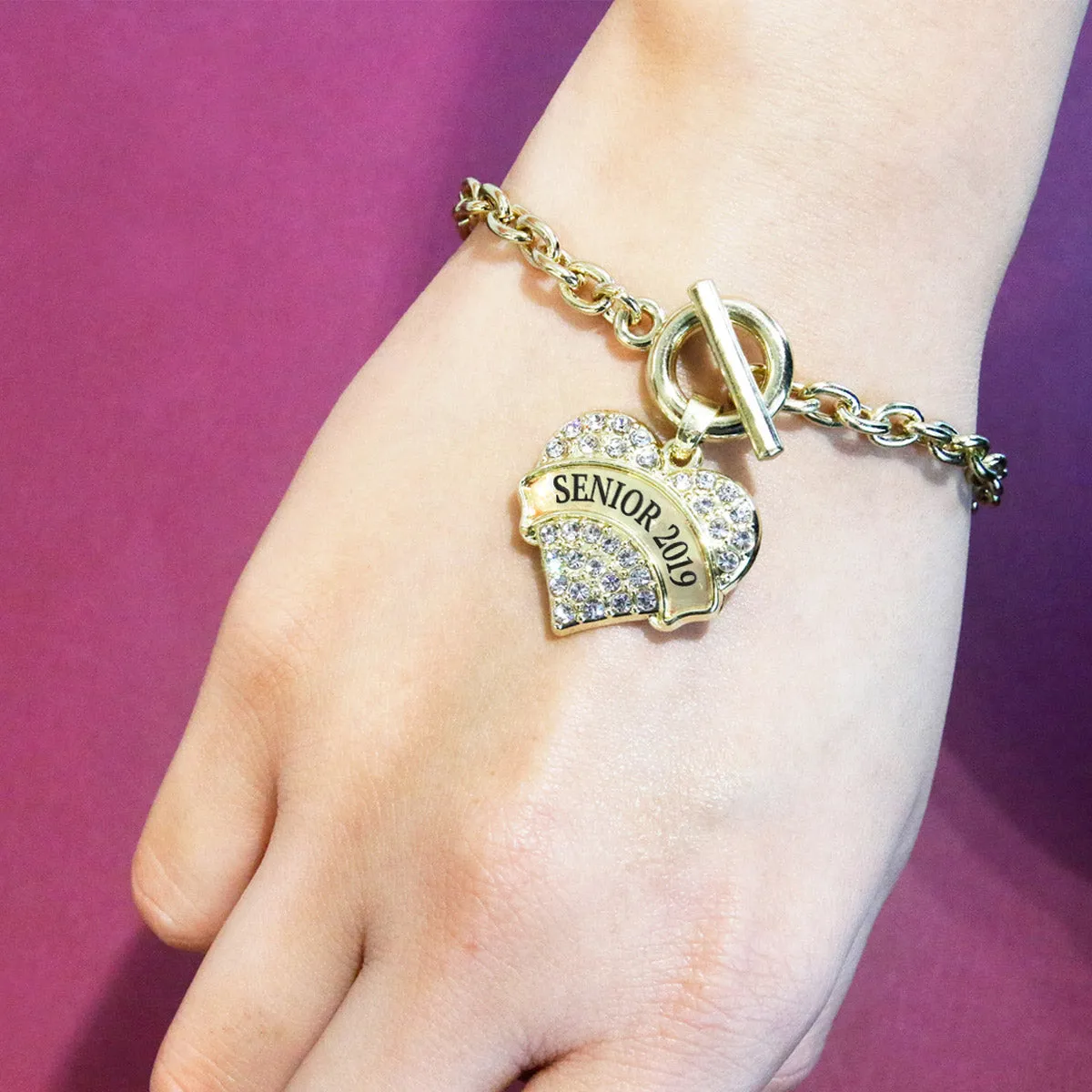 Gold Senior 2019 Pave Heart Charm Toggle Bracelet