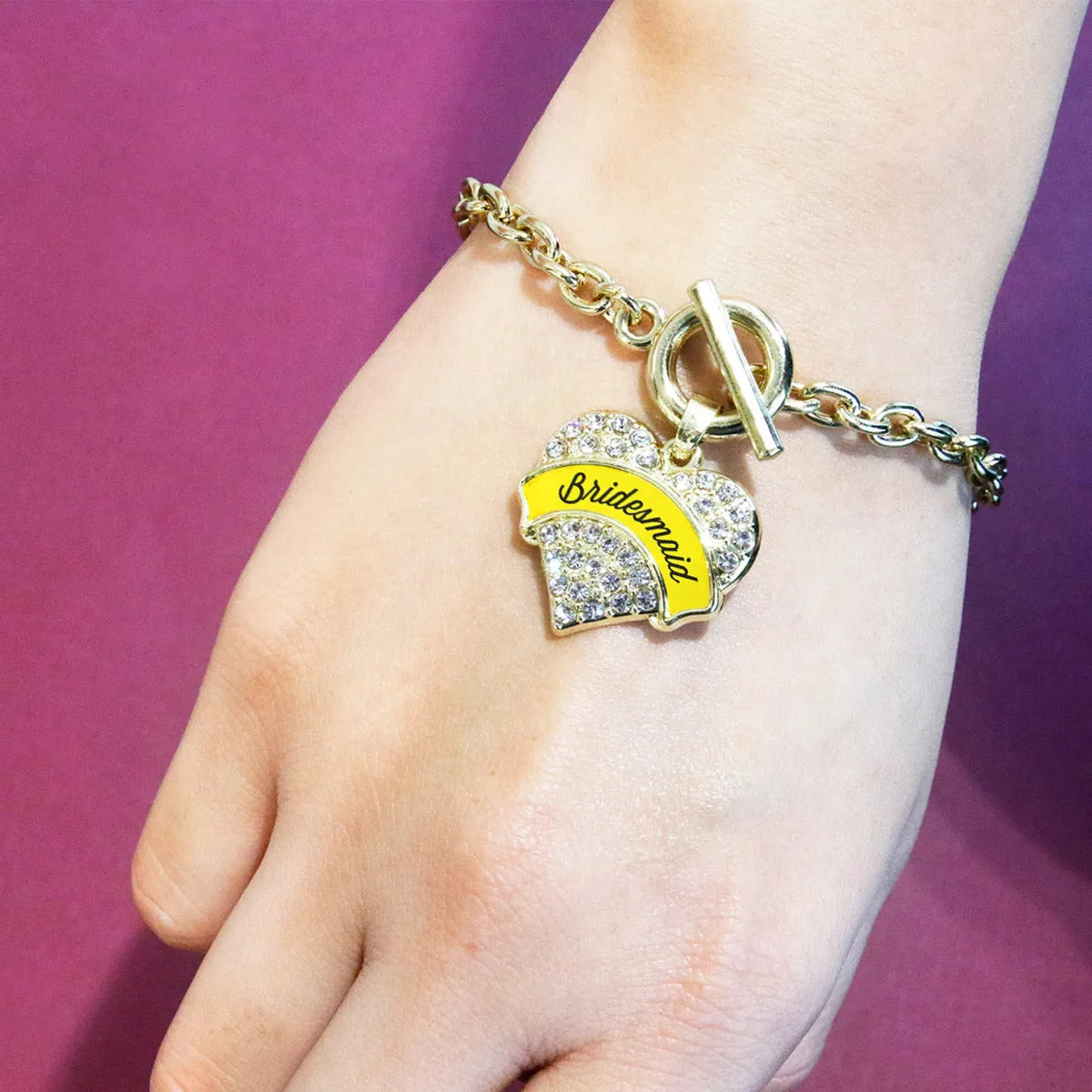 Gold Yellow Bridesmaid Pave Heart Charm Toggle Bracelet