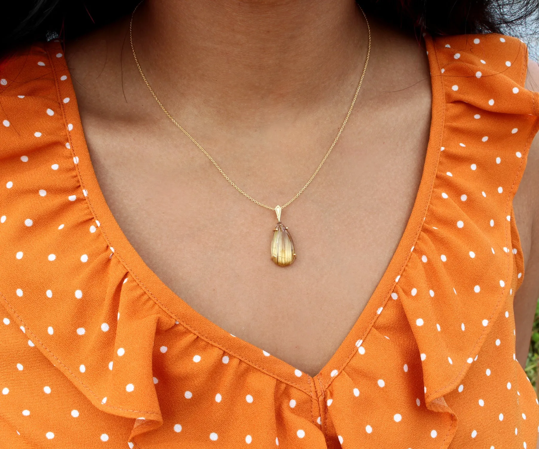 Golden Rutilated Quartz Small Teardrop Gold Necklace