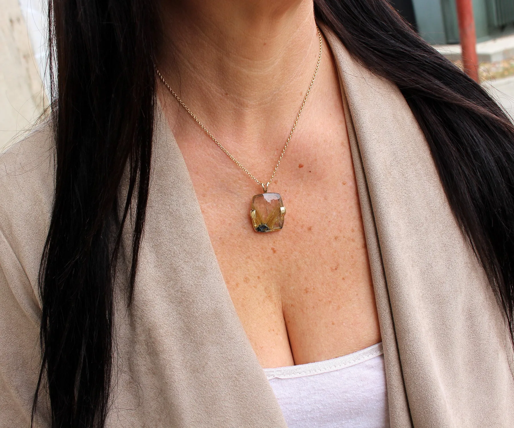 Golden Rutilated Quartz Square Gold Necklace