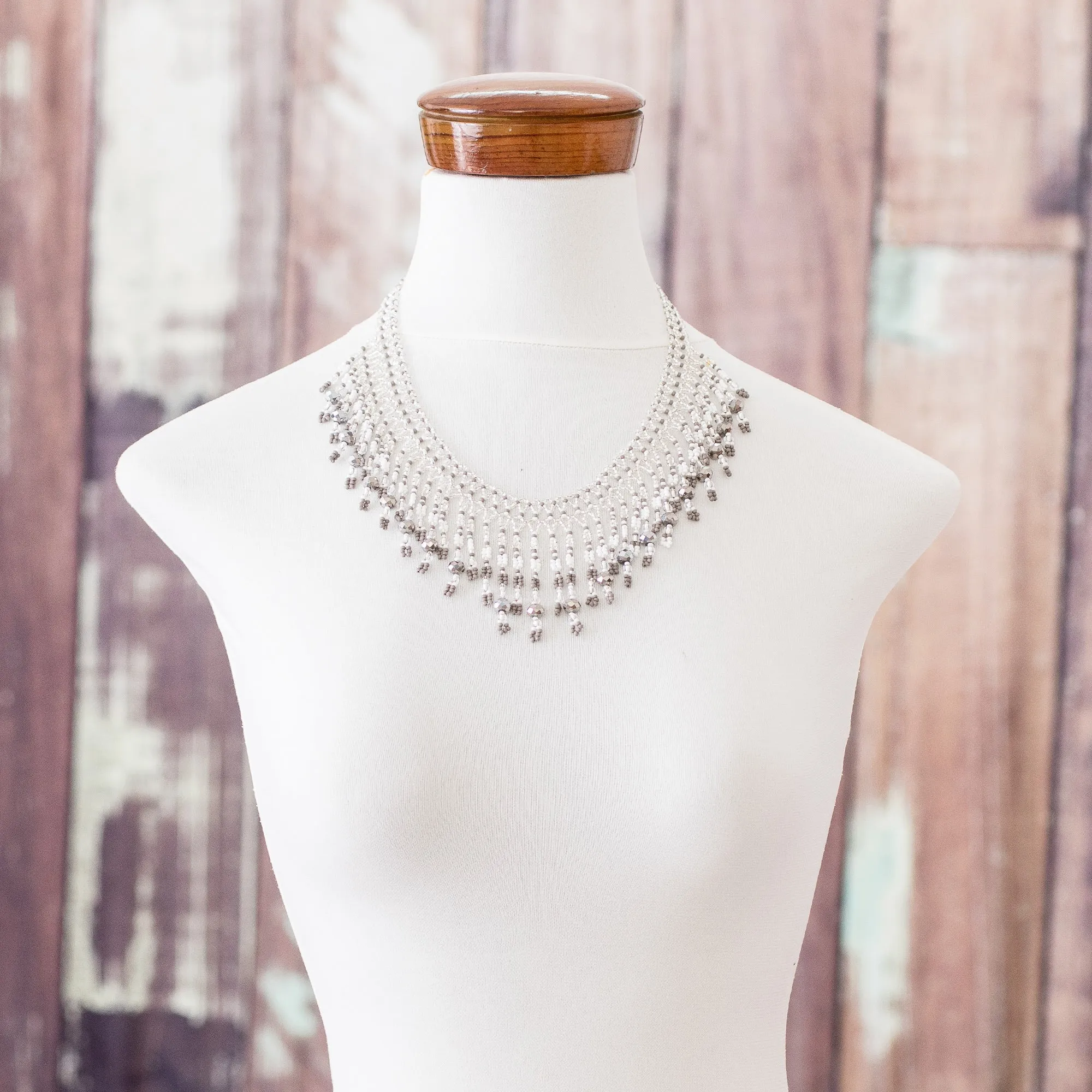 Grey and Clear Beaded Waterfall Necklace - Symphony of Color in Grey | NOVICA