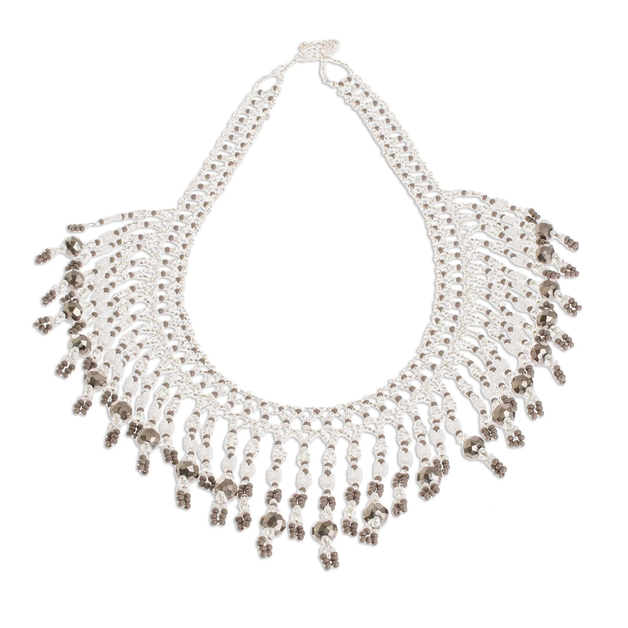 Grey and Clear Beaded Waterfall Necklace - Symphony of Color in Grey | NOVICA