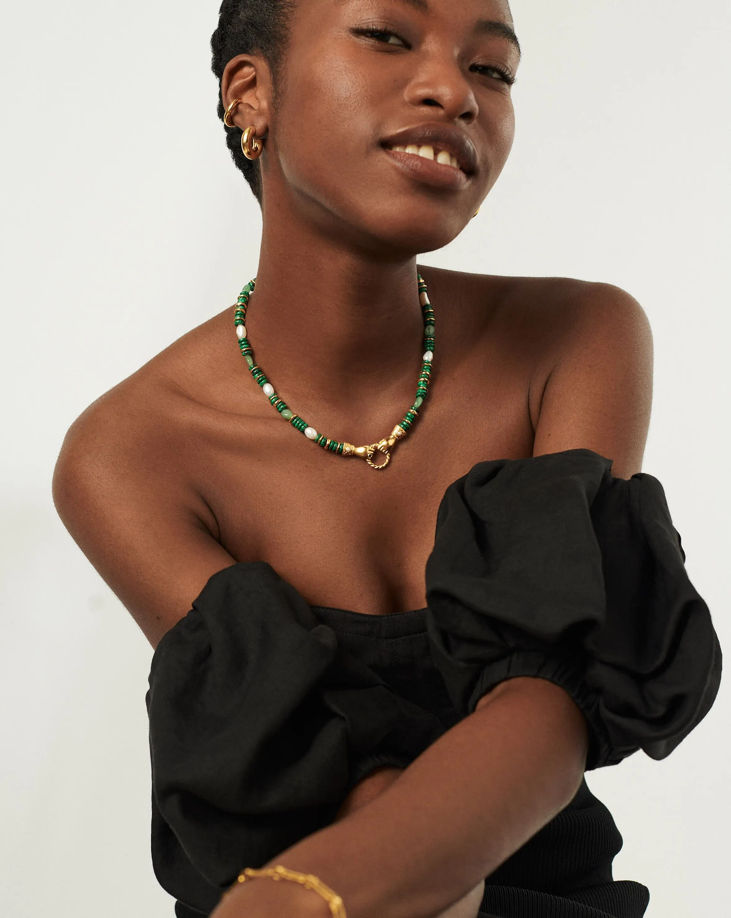Harris Reed In Good Hands Chunky Beaded Gemstone Necklace | 18k Gold Plated/Multi Green Gemstone & Pearl