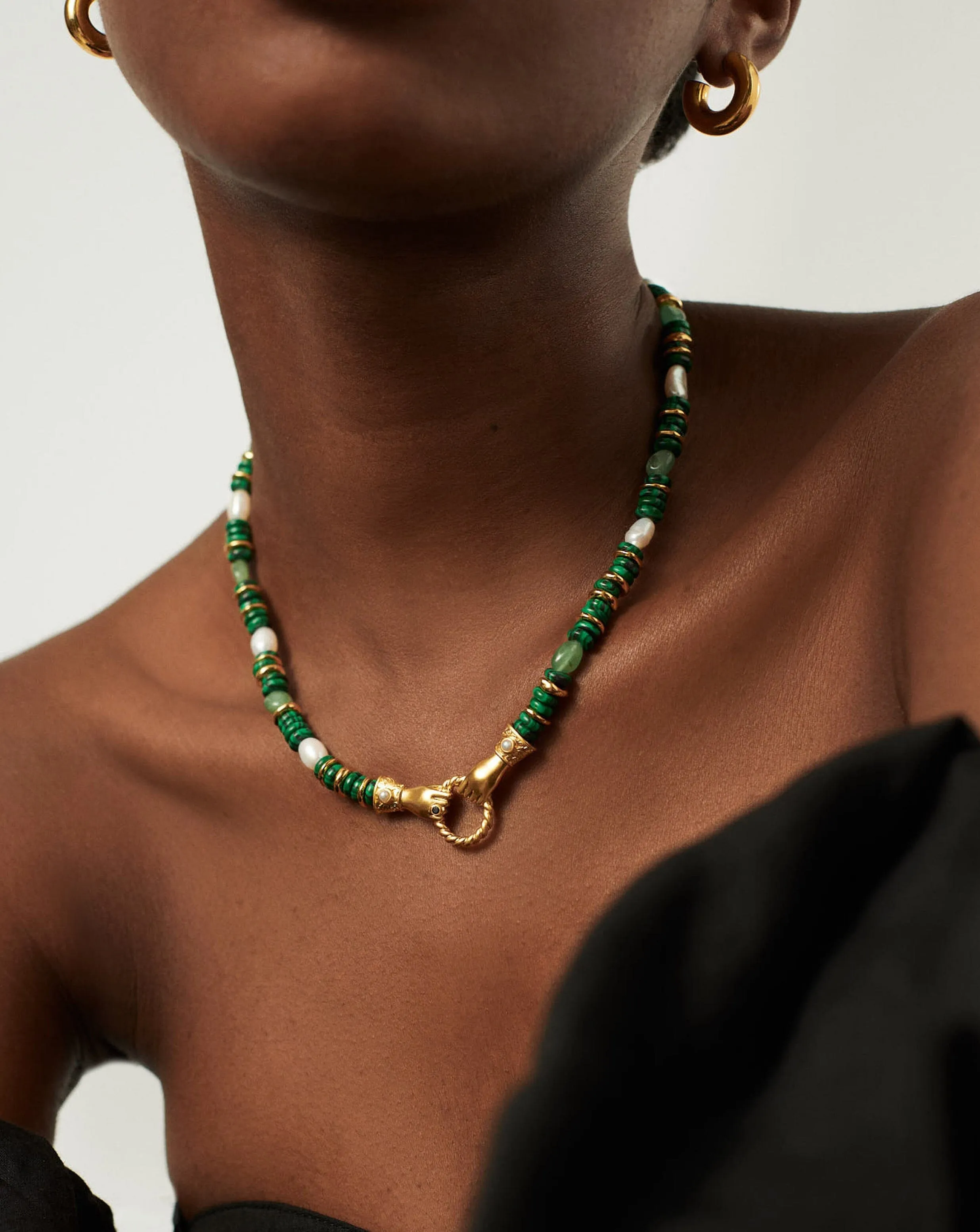 Harris Reed In Good Hands Chunky Beaded Gemstone Necklace | 18k Gold Plated/Multi Green Gemstone & Pearl