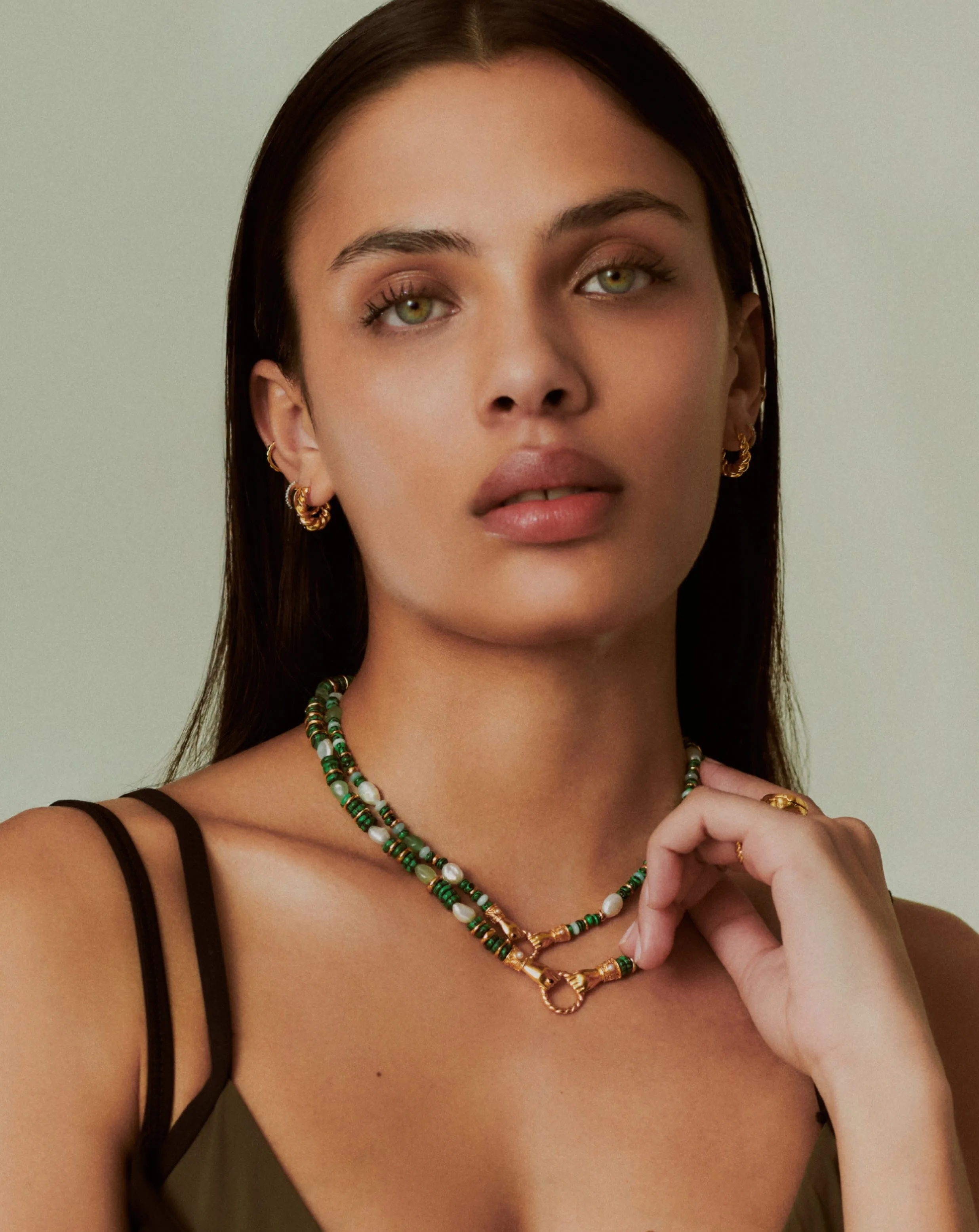 Harris Reed In Good Hands Chunky Beaded Gemstone Necklace | 18k Gold Plated/Multi Green Gemstone & Pearl