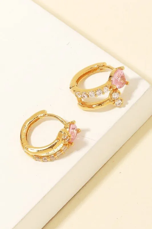 Heart Rhinestone Huggie Hoop Earrings | Gold and Pink