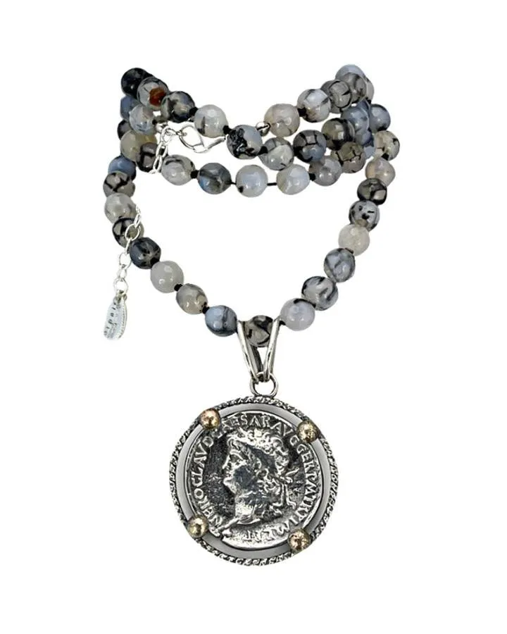 Karyn Chopik Agate Bead Roman Coin Necklace