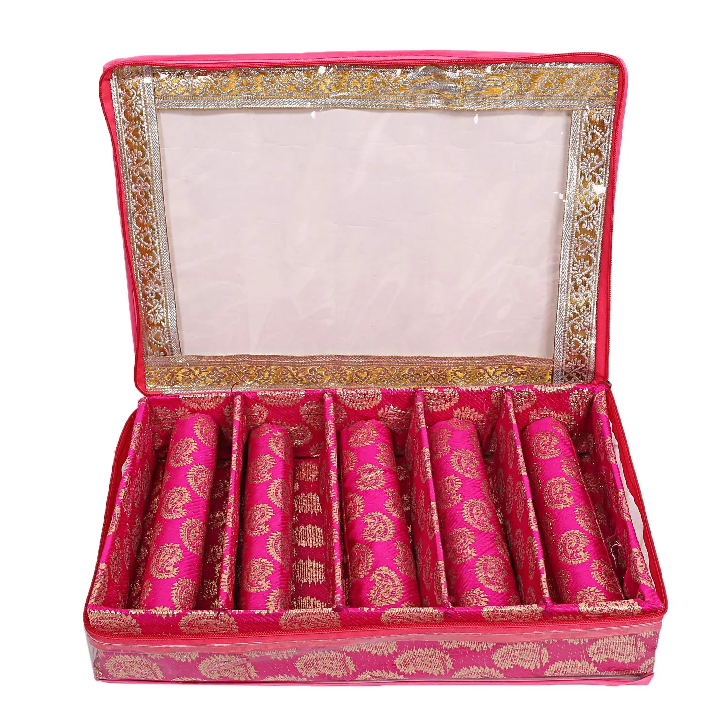 Kuber Industries Brocade Hardboard 5 Rod Bangle Box (CTKTC0651, Pink, Standard)