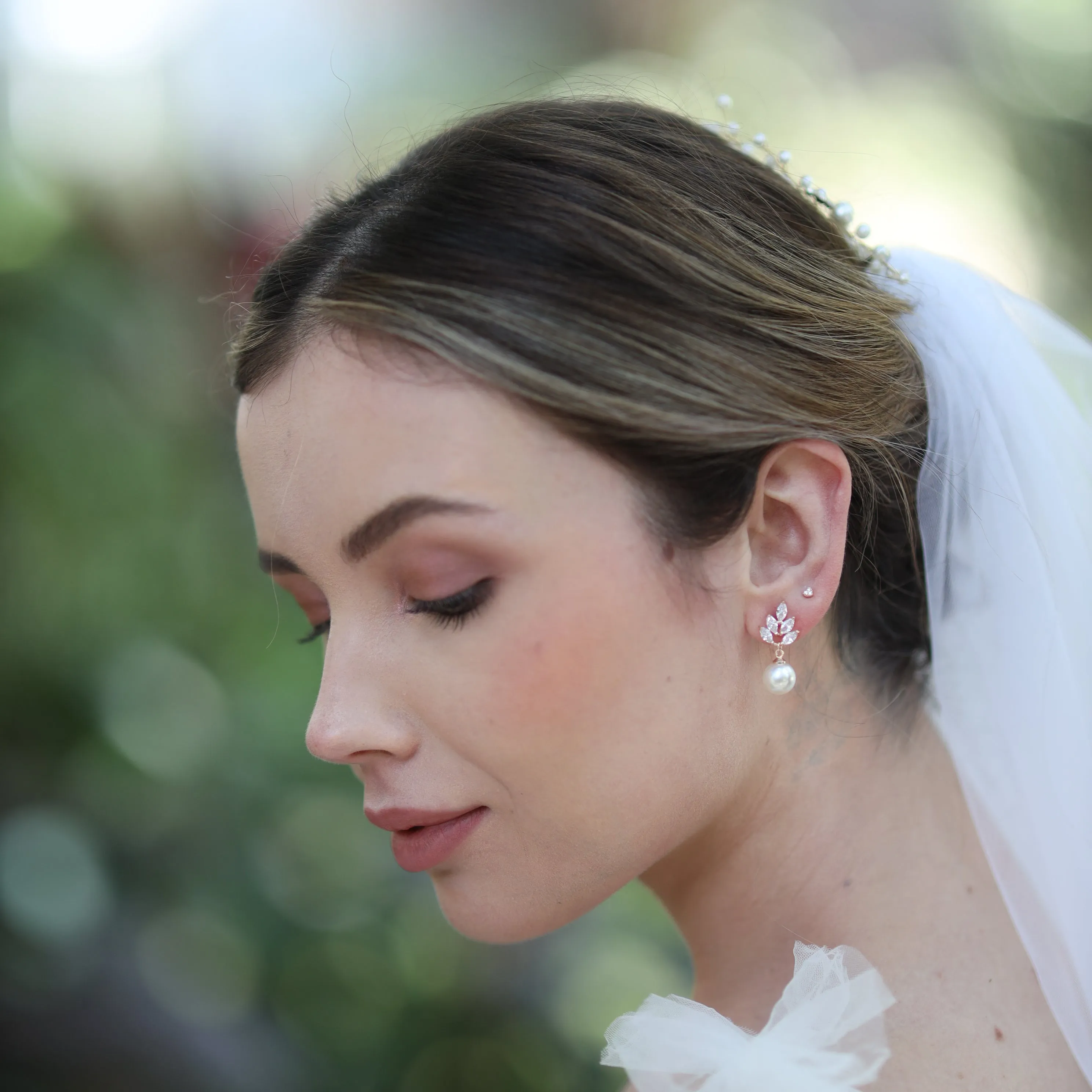 Leaf, Rose Gold Sparkling Pearl Drop Earrings