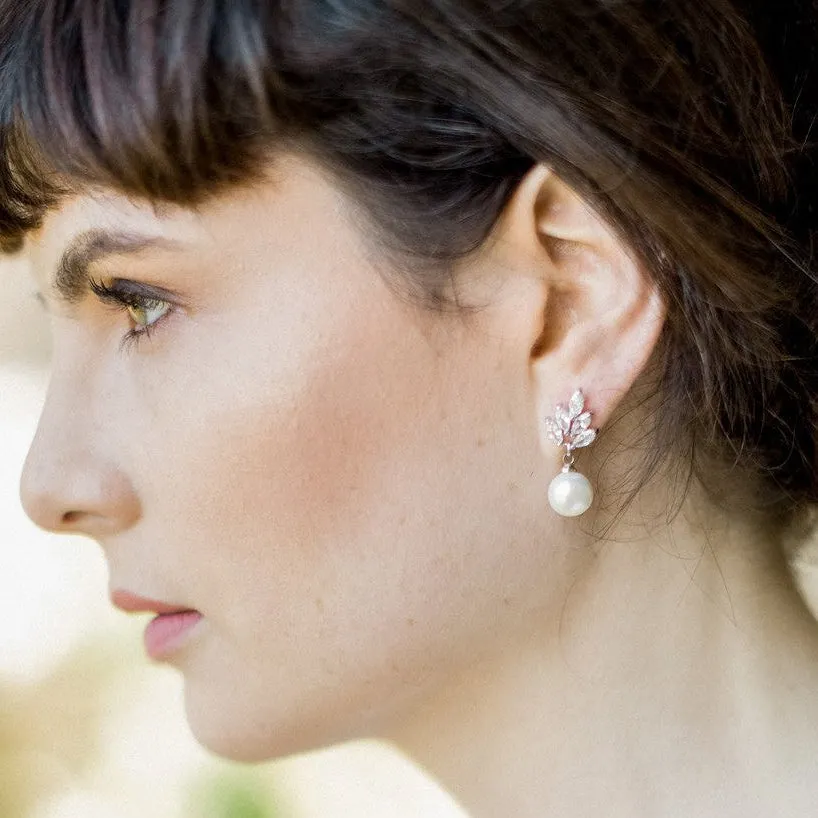 Leaf, Rose Gold Sparkling Pearl Drop Earrings