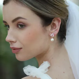 Leaf, Rose Gold Sparkling Pearl Drop Earrings