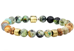Mens Genuine African Turqoise And Jasper Gold Stainless Steel Beaded Bracelet