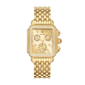 Michele Deco High Shine Gold Chronograph Dial Watch with Diamond Embezzled Gold and Gold Linked Band