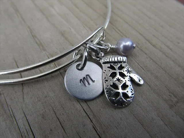 Mittens Charm Bracelet- Adjustable Bangle Bracelet with an Initial Charm and an Accent Bead of your choice