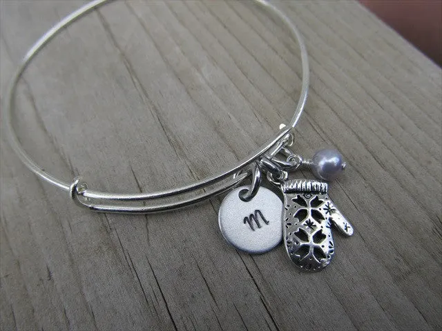 Mittens Charm Bracelet- Adjustable Bangle Bracelet with an Initial Charm and an Accent Bead of your choice