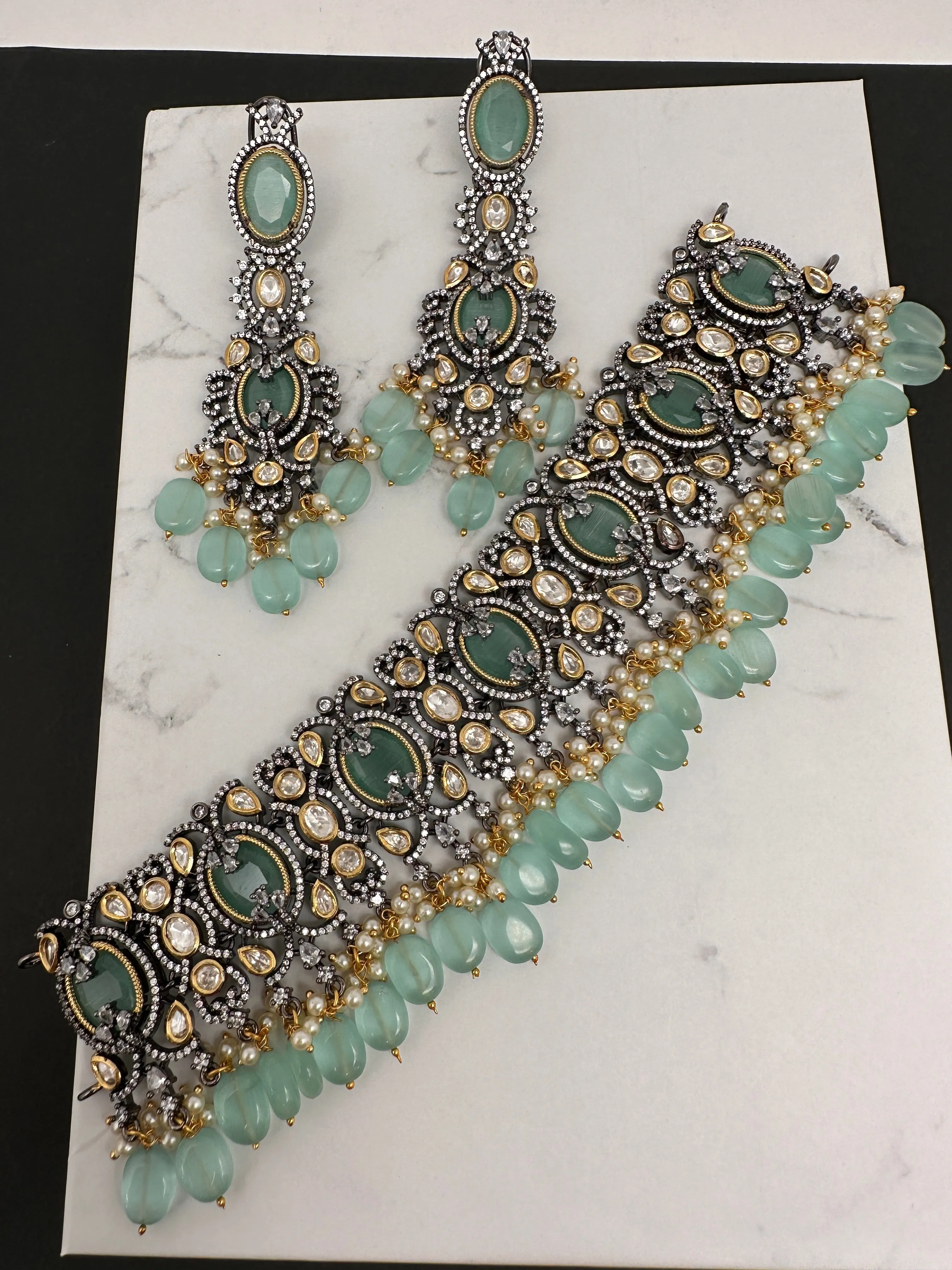Moissanite Kundan Victorian Finish Color Stone Color beads Choker