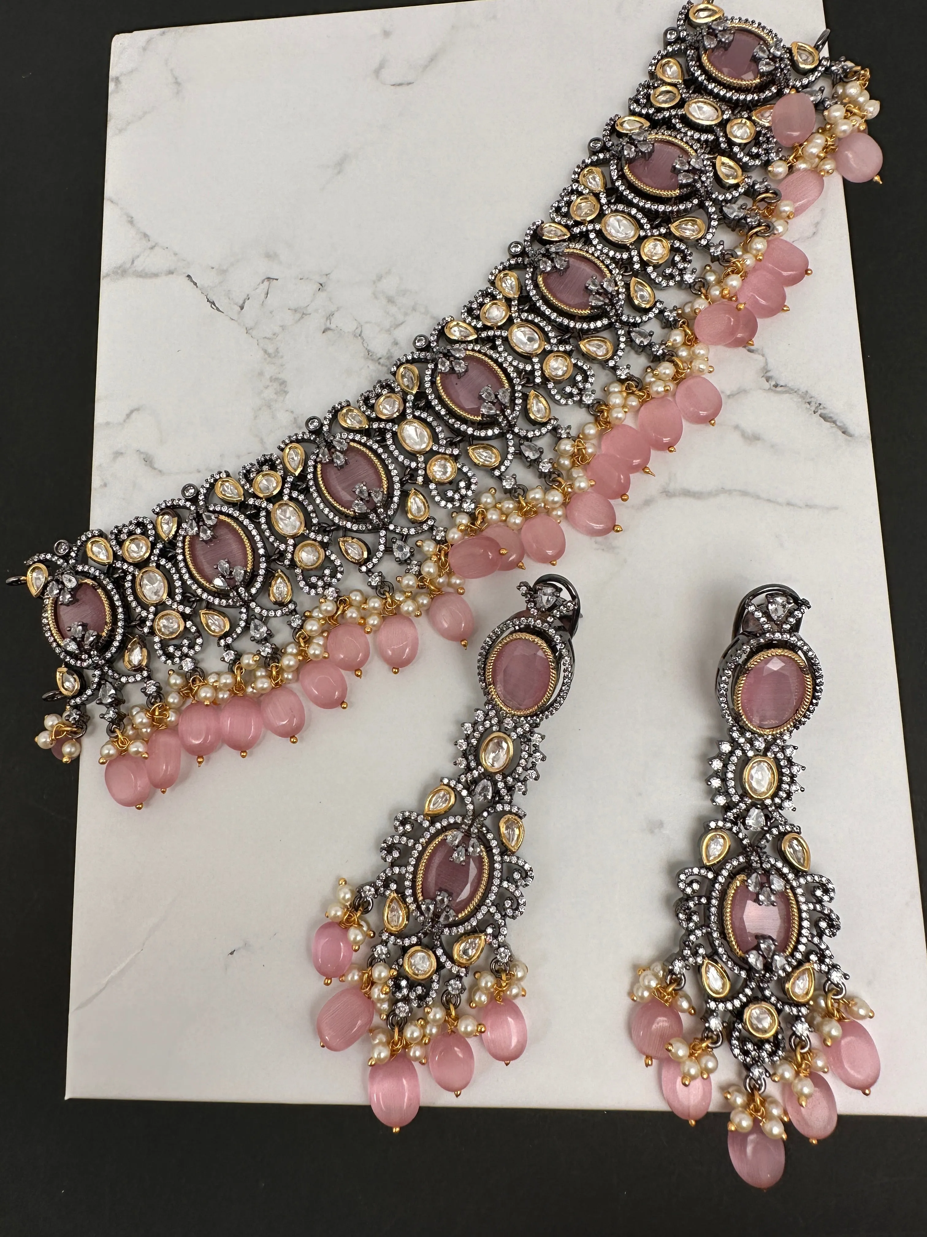 Moissanite Kundan Victorian Finish Color Stone Color beads Choker