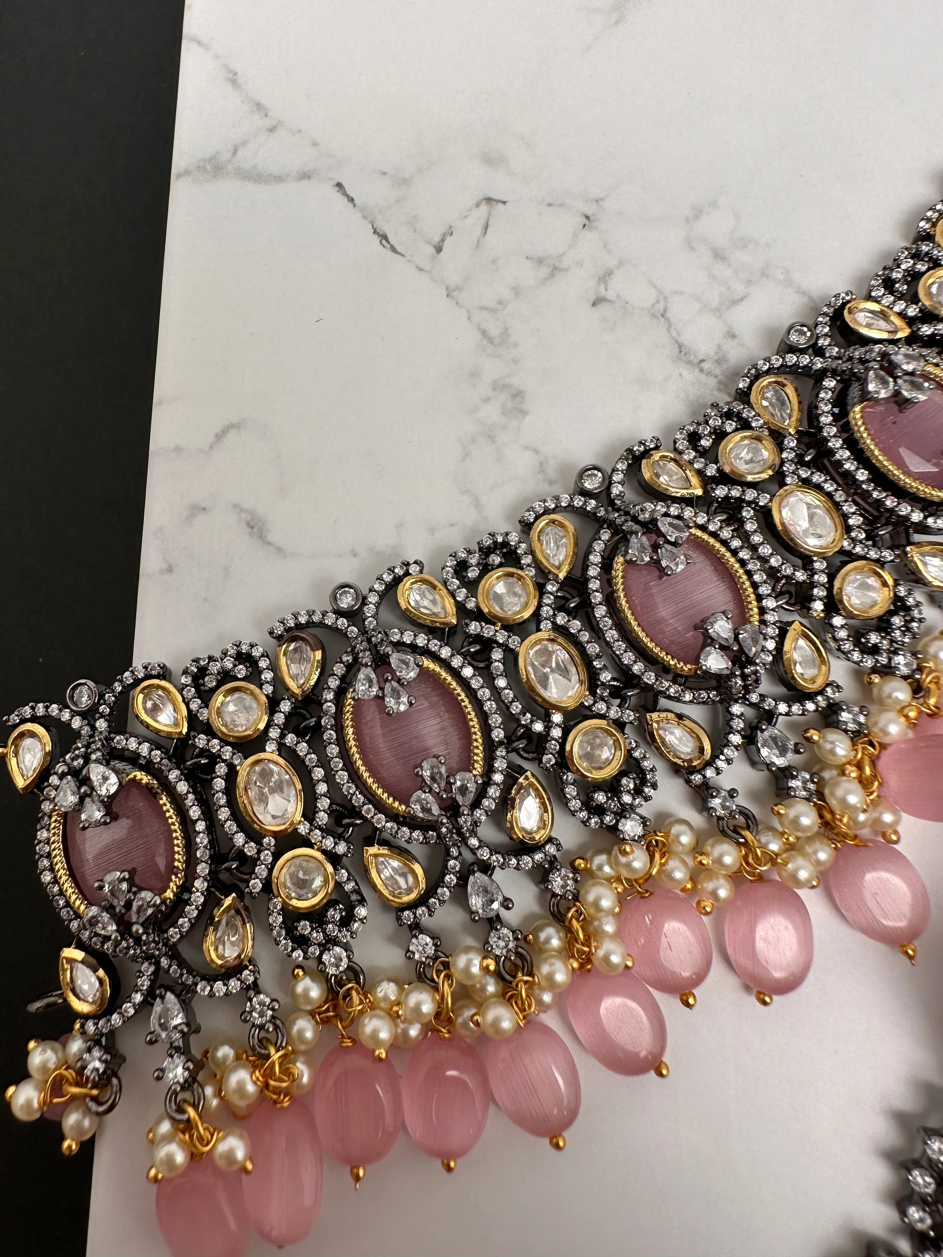 Moissanite Kundan Victorian Finish Color Stone Color beads Choker