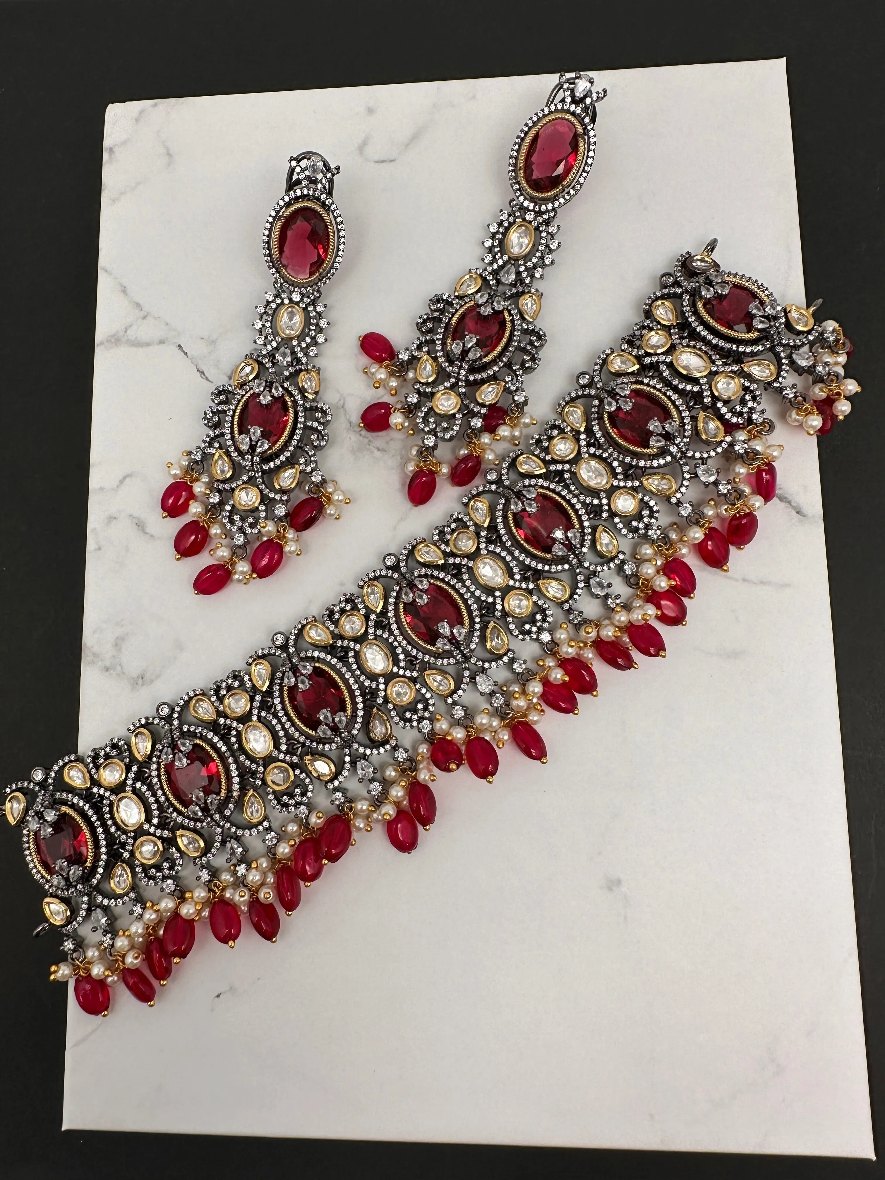 Moissanite Kundan Victorian Finish Color Stone Color beads Choker