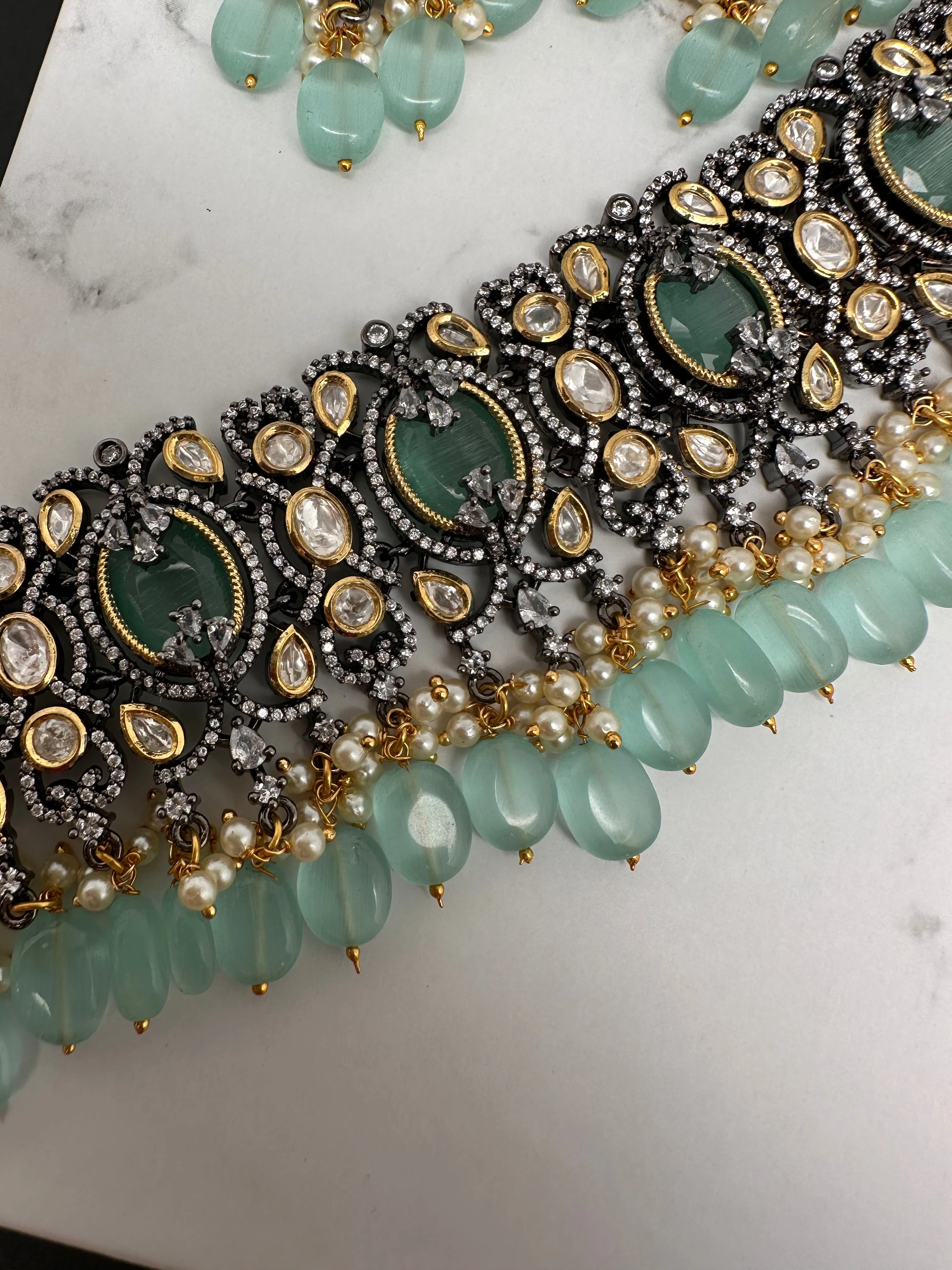 Moissanite Kundan Victorian Finish Color Stone Color beads Choker